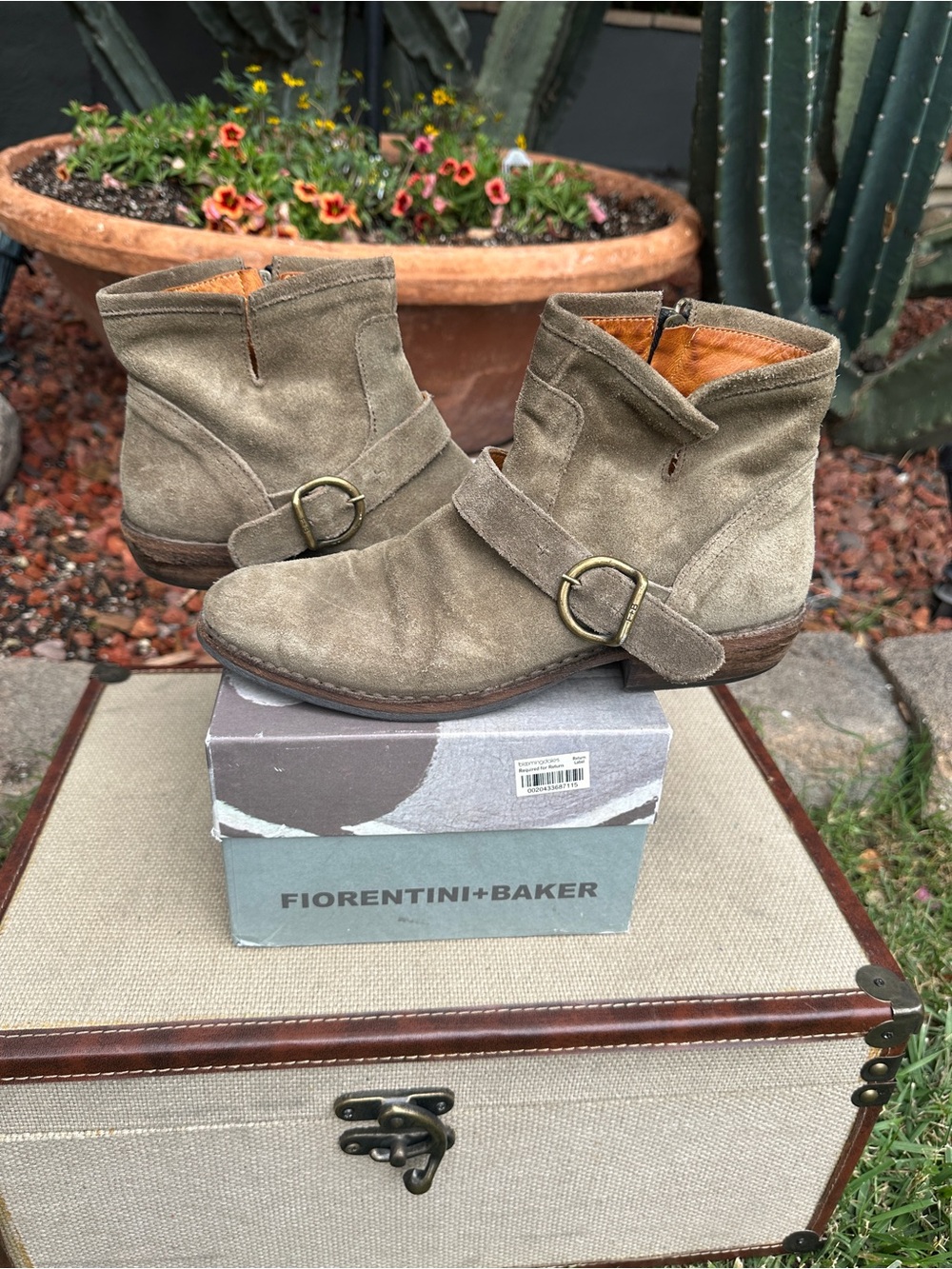 Fiorentini & Baker, Olive Suede Ankle Booties with Side Buckle